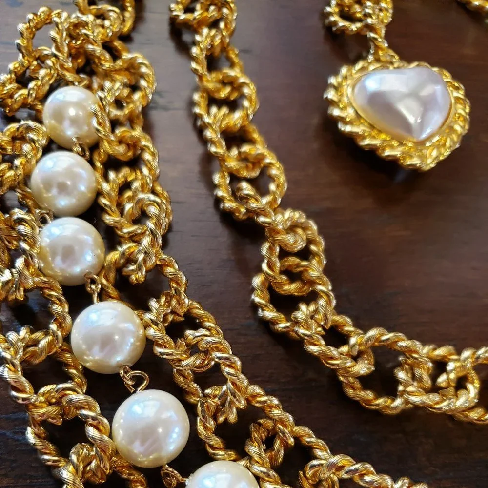 Vintage CAROLEE Runway Pearl Gold Rope Chain Statement Backless Dress Necklace